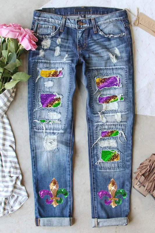 Distressed Mardi Gras Jeans